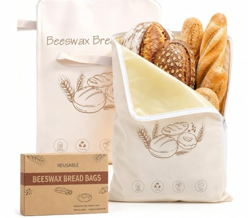 2 Pack Beeswax Bread Storage Bags, 44 x 33 cm, Cotton Linen with Zip | Breathable natural beeswax lining; washable and reusable for sourdough, homemade loaves, picnics and kitchen storage