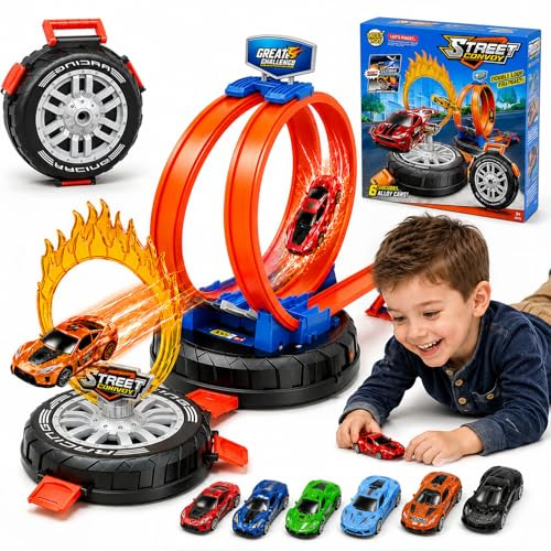 Solspark Bilbana-set, racerbana barn med 6 metallbilar, motorväg med dubbla loopingar barn 3 år, 360° cirkulär och dubbel racing, bärbar racerbana leksak från 3 år