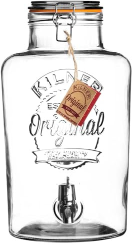 KILNER ROUND Getränkespender mit Zapfhahn | 8 Liter, H: 32 Ø 18 cm | Bügelverschlusses aus Edelstahl | Hochwertiger, tropfsicherer Getränkespender Zapfhahn | Einfaches Nachfüllen | Getränkefass, Glas mit Edelstahl-Bügelverschluss, für Partys und Alltag, spülmaschinengeeignet, 21×36×28 cm