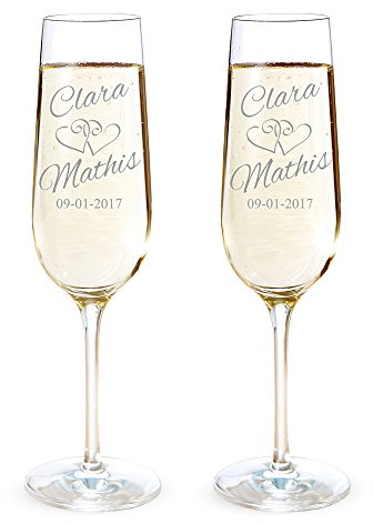AMAVEL Set de 2 Flûtes à Champagne avec 2 Cœurs, Personnalisées avec 2 Prénoms et 1 Date, Volume 0,2 L