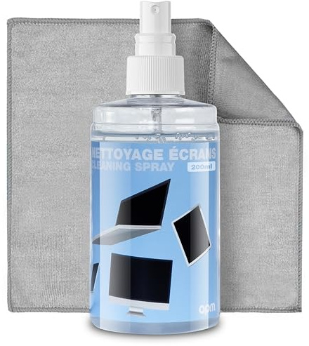 APM Spray Nettoyant Écran TV, PC, Smartphone, Tablette, Texture Gel Sans Alcool, Effet Antistatique, Anti-rayures, Anti-traces, Chiffon Microfibre Inclus, Nettoyage Sécurisé, 200ml, 600105