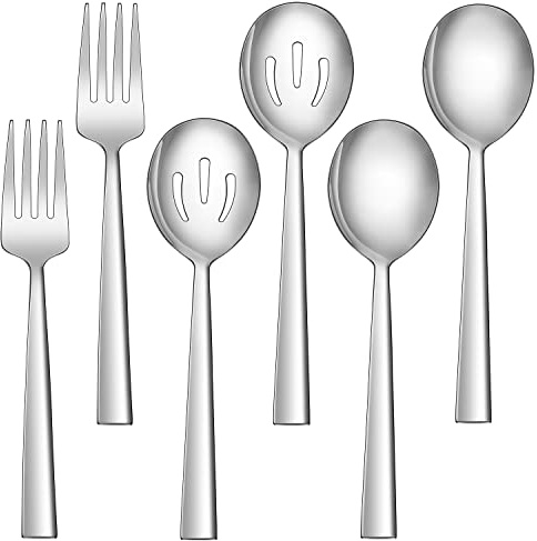 LIANYU 6 Pack Serving Spoons and Forks Set, 8.6 Inch Stainless Steel Metal Serving Utensils for Buffet Catering Banquet, Dishwasher Safe