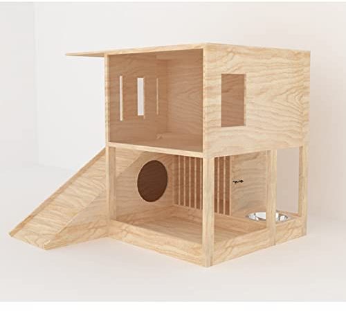 Kaninchenhaus mit Futterstation und Trinkstation, Holzhaus Unterschlupf Versteck Versteck Kleintier Übung Holz Spielhaus Spielzeug Spielen