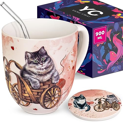 YC YANG CHAI Jumbotazza 900 ml - Tazze da Tè in Porcellana di Ossa - Set XXL con Sottobicchiere - Mug Grande, Tazza Colazione - YC CatiCat