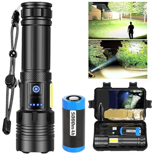 Taschenlampe LED Aufladbar 500000 Lumen, Extrem Hell Zoombares Taktische Taschenlampe Mit 7 Lichtmodi und Langer Betriebsdauer Wasserdichte Handlampe für Camping, Wandern, Angeln, Outdoor, Notfäll
