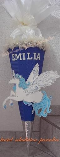 Schultüten Bastelset Pegasus/Einhorn mit Schleifenband-Rüsche blau-weiß MaterialType Schultütenzuschnitt 400g Karton
