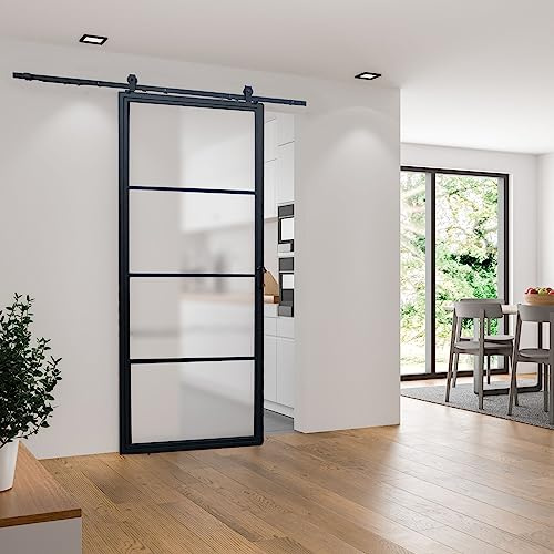 inova Glas-Schiebetür Komplettset satiniert 1025x2200mm Industriestil schwarz offene Laufschiene beidseitiger Softclose