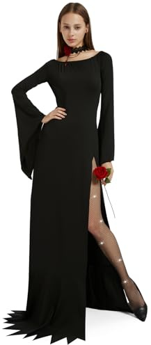 HERMORRYSS Halloween Costume Femme, Déguisement Morticia Femme, avec Bas en Diamant Blanc et Collier, Épaule Dénudée Noir Fente Haute Longue Robe, pour Cosplay Halloween Carnaval Adulte (M)