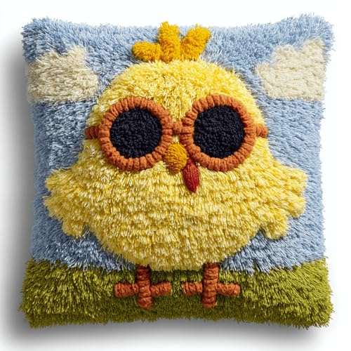 XDEGHUANGSS Kit de coussin latch hook 43x43 cm,Tapisserie point noué DIY avec motif pré-imprimé,kit de broderie fait main pour débutants et adultes,décoration intérieure(Poulet de dessin animé)