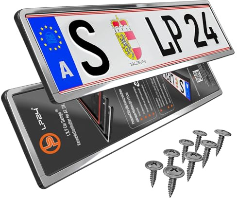 2 Kennzeichenhalter Chrom Österreich - für at 52x12cm - Dezent & gleichbleibender Rand Kennzeichenhalterung Nummernschildhalterung Nummerntafelhalter für Wechselkennzeichen Nummerntafelhalterung Auto