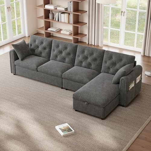 ZKLOEP Moderno sofá de terciopelo con espacio de almacenamiento en la esquina, 281 × 86 × 71 cm, espacio de almacenamiento en forma de L en la esquina ajustable a izquierda y derecha, reposabrazos