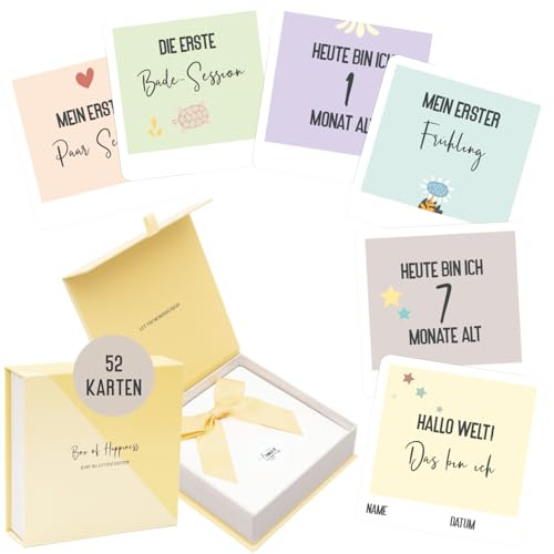 Meilensteinkarten Baby | Geschenk zur Geburt, Schwangerschaft, Babyparty für Jungen & Mädchen | Monatskarten Neugeborene Meilenstein Karten Set | 52 Karten mit Geschenkbox Mein erstes Jahr