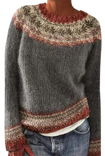 Generisch Winterpullover Damen Norweger, Pullover Damen Grobstrick Rundhals | Winter Grobstrickpullover Bequem Strick Sweatshirt Y2K Vintage Strickpullover Baumwolle Pulli Elegant Feinstrickpullover