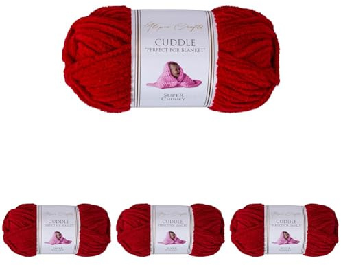 Utopia Crafts Ovillo Lana de Chenilla Gruesa Para Crochet y Tejer a Mano Cherry Red, 100 g/60 m, Esponjosa, Suave, Ideal Principiantes. Lavable a Máquina, Alternativa a Lana Animal (Paquete de 4)