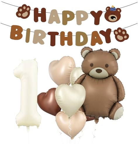 Koboko Bär Geburtstagsdeko 1 Jahr Junge, Luftballon 1. Geburtstag Junge Mädchen mit Happy Birthday Girlande, Luftballons Bären Deko 1. Geburtstag Banner, Ballon Baby Geburtstage 1 Jahr Deko Girlande