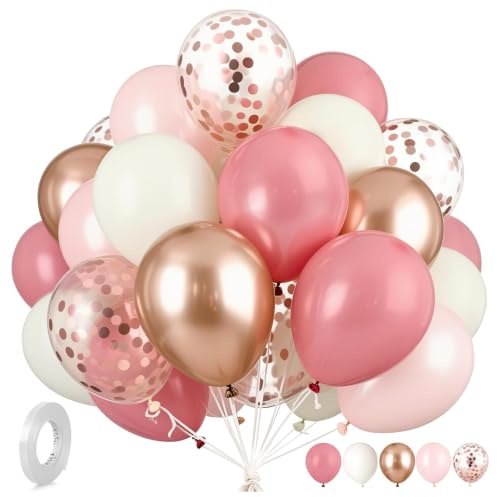 62 Pezzi Palloncini Rosa, 12 Pollici Palloncini Compleanno in Retrò Rosa, Rosa, Bianco, Confetti, Nastro per Ragazza Donna Compleanno, Battesimo Bimba, Gender Reveal Party, Matrimonio,Laurea