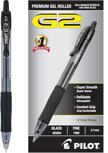 Pilot G2 Pens, Premium Refillable and Retractable Rolling Ball Gel Pens, Fine Point, 0.7mm, Black Ink, 12-Pack (31020)