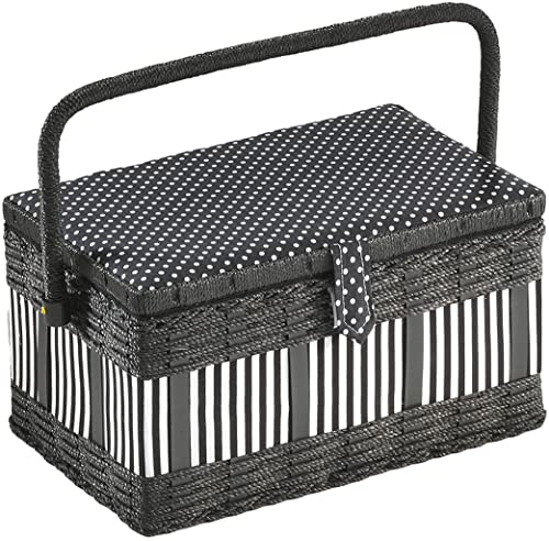 Kobolo Nähkästchen Nähkorb Nähkörbchen Nähkasten - mit Punkten und Streifen - 28x18x16 cm Schwarz