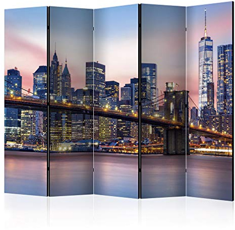 decomonkey Paravent Raumteiler Innen New York, 225x172 cm, 5-teilig, Brücke | Beidseitig, Wohnzimmer, Room Divider, Wall, Raumteiler Stehend, Trennwand, Sichtschutz, Spanische Wand, Sichtschutzwand, Holz