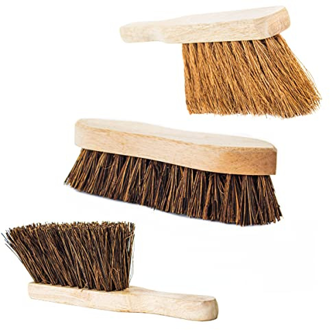 Clay Roberts Sweeping and Scrubbing Wooden Hand Brushes, Pack of 3, Soft and Stiff Bristles, Heavy Duty Wood, Bassine and Coco Fibre, Yard Cleaning Brushes for Outdoors