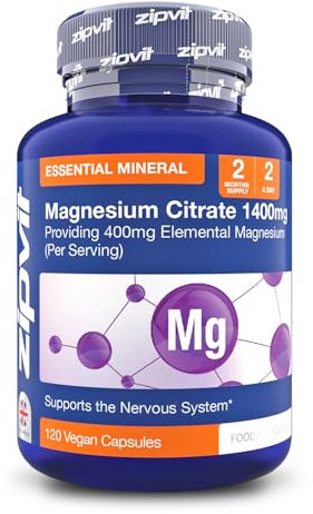 Zipvit Magnesium Citrate 1400mg, Provides 400mg Elemental Magnesium, Highly Absorbable for Bone, Muscle & Energy Support. 120 Vegan Capsules, 2 a Day, 2 Months Supply.
