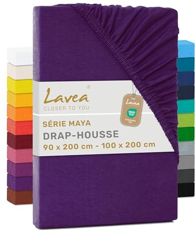 Lavea® Spannbettlaken 90x200cm - 100x200cm - Dunkellila | Maya, 100% Jersey Baumwolle – Weiches Spannbetttuch mit Rundumgummi, atmungsaktives Bettlaken für Matratzen bis 20 cm
