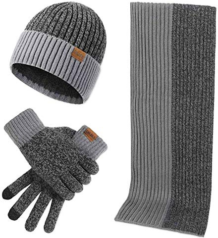LumiSyne Invierno 3 En 1 Gorro Bufanda Guante Set Para Hombres Mujeres Jacquard Bicolor Simple De Moda Guantes De Pantalla Táctil Gorro De Punto Sombrero Beanie Bufanda Larga Lana Espesa y Suave