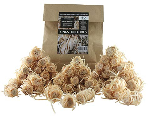 Kingston Tools Natural Wood Wool Firelighters — Flame Fire Starters for Fireplace, Campfires, Stoves, BBQ's, Pizza Ovens and Smokers — 50 Pieces