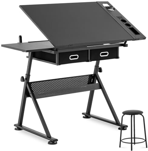 Fromm & Starck Table À Dessin Bureau Planche Table D’Architecte Architecte Inclinable Professionnelle Star_Desk_08 (Plateau 115 x 60 cm, 0-70°, Haut. 65-90,5 cm, 2 Tiroirs, Tabouret)
