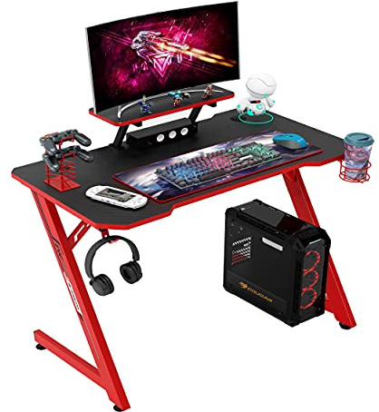 Intimate WM Heart Gaming Tisch 110cm, Ergonomischer Computertisch, Schreibtisch mit Tischplatte aus Kohlefaser, Drehbarer Headsethalter, Griffhalter und Getränkehalter, Schwarz und Rot