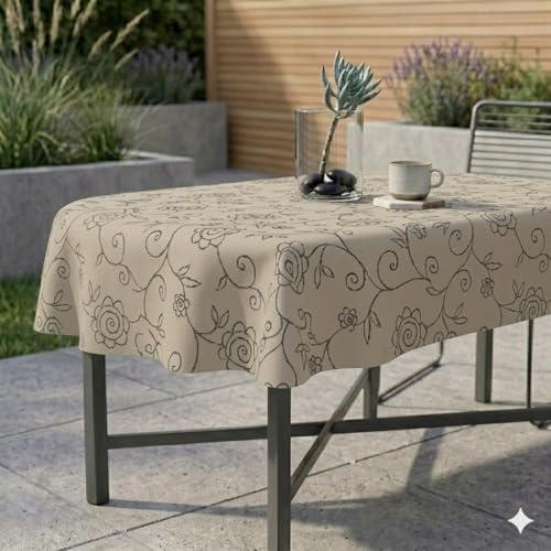 Miami Tischdecke Gartentischdecke Mediterran Creme Oval 130 x 200 cm | Meterware Outdoortischdecke Campingtischdecke für Outdoor, Camping, Garten oder Terrasse