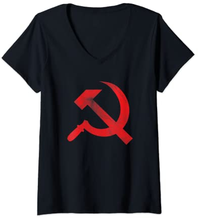 Damen CCCP UdSSR Hammer Sichel Flagge Soviet Kommunismus T-Shirt mit V-Ausschnitt