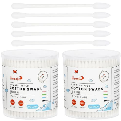 HOMEFOX Cotton Swabs Precision Pointed - 400 Count Pointy Organic Cotton Buds Double Side Tightly Wrapped Cotton Tips Paper Stick Soft Gentle Lint-Free Cruelty-Free, Pointy & Round (White)