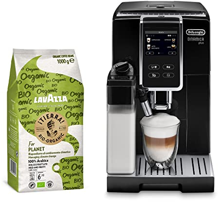 De'Longhi Dinamica Plus ECAM 370.70.B & Lavazza Kaffeebohnen im Set, Kaffeevollautomat mit LatteCrema Milchsystem und Farbdisplay inkl. 1 kg Lavazza ¡Tierra! For Planet, Schwarz