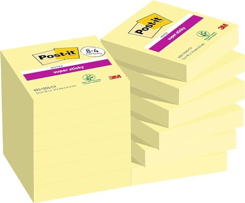 Post-it Notes Autocollantes Super Sticky, Pack Promo de 8 Blocs + 4 GRATUITS, 90 Feuilles par Bloc, 47,6 mm x 47,6 mm - Feuillets Super Adhésifs pour Prise de Notes, Listes de Tâches et Rappels