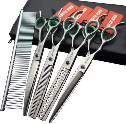 Professionelles HundepflegescherenSet für Hunde, gerade & Ausdünnungsschere & gebogene Schere & Chunkers Schere mit Kamm in 1 Set für Rechtshänder & Linkshänder (17,8 cm, silberfarben, für