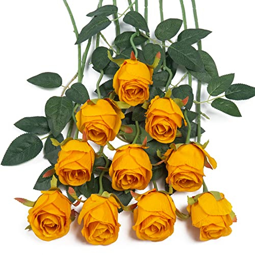 DuHouse Lot de 10 Roses artificielles en Soie pour décoration de Mariage, Maison, fête (Orange)