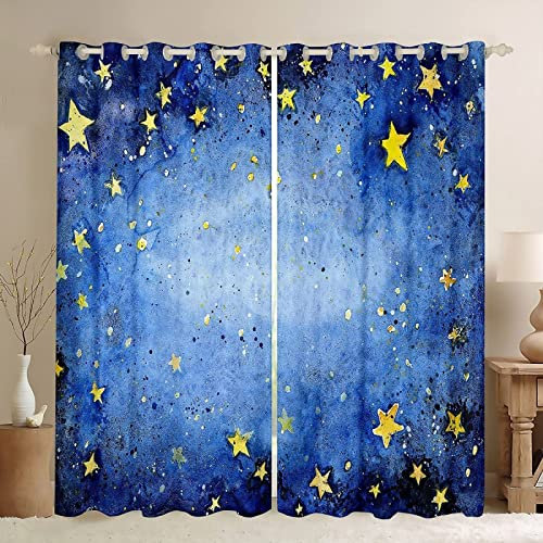 FIBITA Vorhang Blickdicht Stern Vorhänge Blau Gardinen Wohnzimmer Schlafzimmer Stern Verdunklungsvorhänge 3D Druck Vorhang 60x150 cm Ösenvorhang 2er Set