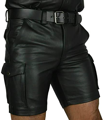 Gefomuofe PU Lederhosen für Herren Kurz Lederjeans Lederhose Bikerjeans Rockerjeans Motorradhose seitlich geschürt schwarz Lederhose Motorrad