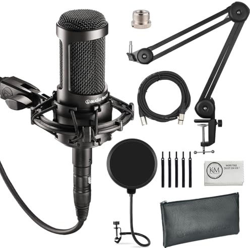 Audio-Technica AT2035 Cardioid Condenser Microphone for Content Creators, Streamers, Podcasters and Musicians Bundled with XLR Cable + Pop Filter + Microphone Arm (4 Items)