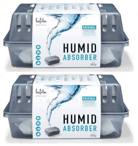 Lafita Lot de 2 déshumidificateurs 900 g – 2 récipients avec 4 recharges – Parfum neutre – Granulés – Absorbeur d'humidité