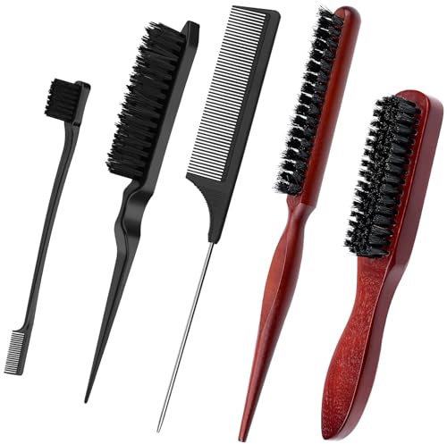 Set de 5 Cepillos de Cerdas de Jabalí, Cepillo Pelo, Cola Peine Profesional Peine de Salón, Peines para Peinar el Cabello y la Barba, Hombres y Mujeres