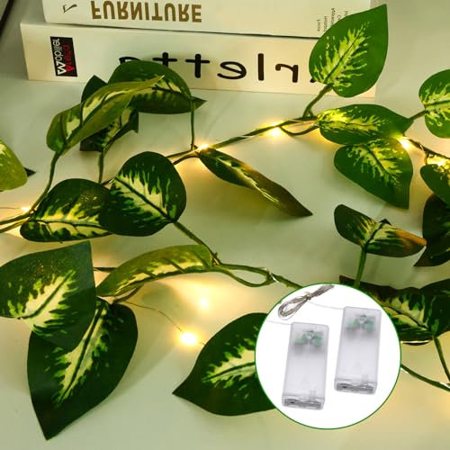 YJFWAL 2Pack 6.56ft Vine Fairy Lights with 20 LED String Lights, Artificial Green Ivy Leaf Garland String Lights, Battery Operated Fake Vine Greenery Decor for Home, Garden, Party, Wedding, and Walls