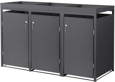 ML-Design Abri pour 3 Poubelles jusqu'à 240 L en Acier Anthracite, 200x80x124 cm, Habillage de Poubelle avec Porte Jardinière, Conteneur Extérieur, Verrouillable, Résistant aux Intempéries