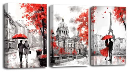 CXHOSTENT Black White and Red Canvas Wall Art 3 Piece Romantic Couple with Umbrella Street Scenery Painting Prints Anniversary Decor Framed (C, 11.00x14.00x3P)