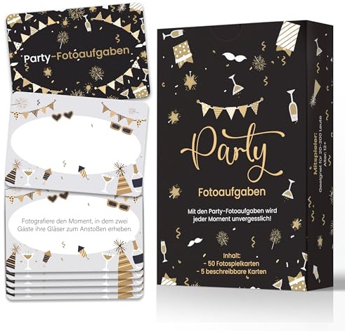 Party Fotoaufgaben, 50+5 Fotoaufgaben - Party, Geburtstag, Hochzeit, Konfirmation, Jugendweihe, Silvester - Partyspiel für Gäste, Party Spiele Schwarz, Fotobox Party, 9 * 6 cm, Geschenk Teenager