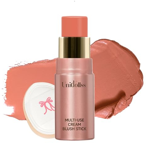 Multi-Use Makeup Cream Blush Stick, Unidollss 3-in-1 Buildable Powder Blush Stick for Cheek, Eye, and Lip, Hydrating formula, All day wear, Easy Application with Thumb Puff Included (03 PALPITATING)