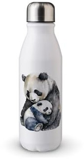 MAXIKIWI - Single Wall Water Drinking Bottle with Screw Cap, Non Insulated Lightweight Aluminium, BPA Free, Leak-Proof - Mom And Baby Panda Watercolor - 500ml