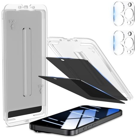 KUUBUUL für Panzerglas Sichtschutz für iPhone 15 Pro, [Automatische Staubentfernung][2+2 Stück] Privatsphäre Bildschirmschutz und Kamera Schutz, Anti-Kratzer, Bläschenfrei, Anti Spy Folie