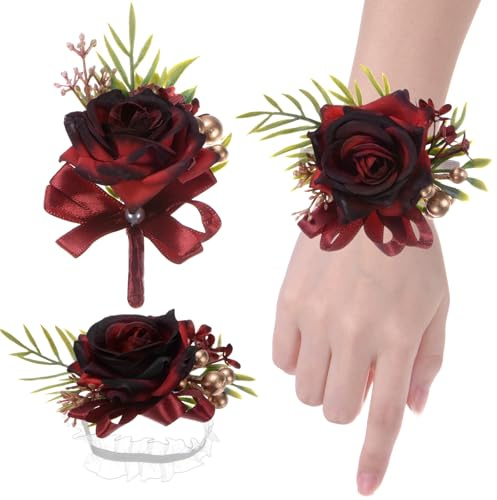 M METERXITY 1-Set Wrist Corsage and Boutonnieres Set, Artificial Rose Flower Wrist and Men Corsage for Wedding/Party/Prom/Decorations, Flower Wrist Corsage Set [Wine Red]